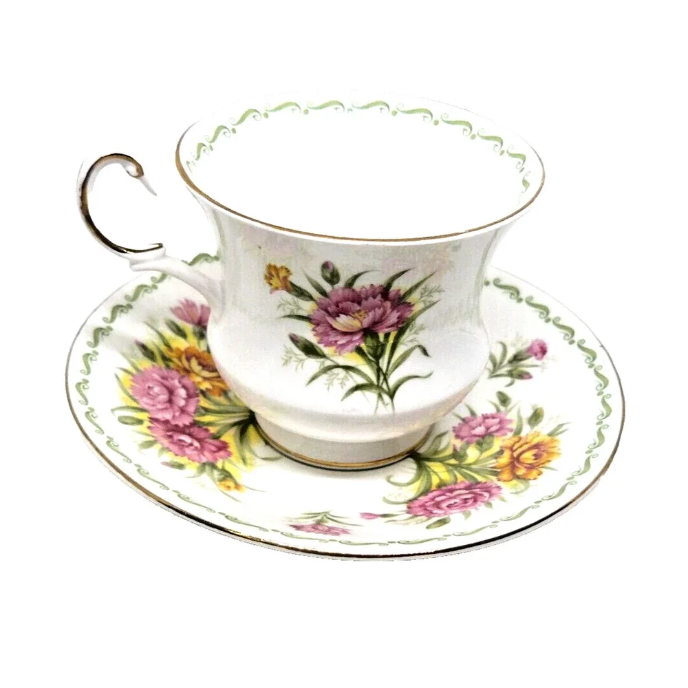 Vtg Queens Rosina China Co January Tea Cup & Saucer Special Flowers Carnation